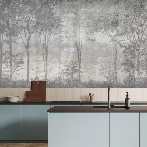 Fotobehang Boslandschap met grijze bomen tegen een betonnen achtergrond