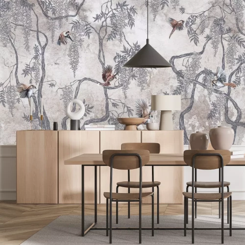 Fotobehang Vogels tussen de blauweregenbloemen