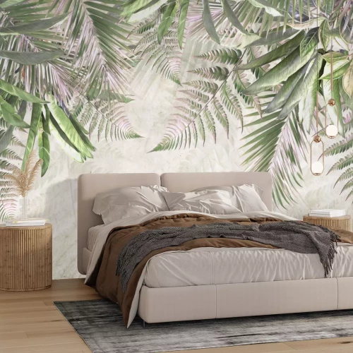 Fotobehang Tropische Palmfarnblätter, die von oben auf Betonhintergrund hängen