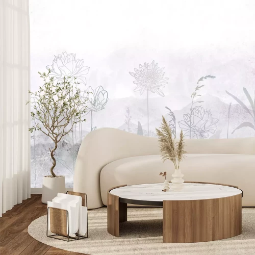 Fotobehang Wilde bloemen en planten tegen een berglandschap