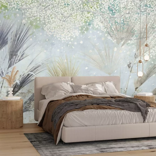 Fotobehang Bloeiende palmboom en bladeren