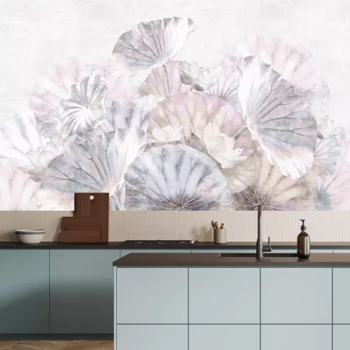 Fotobehang Waterlelies en bladeren in pastelkleuren