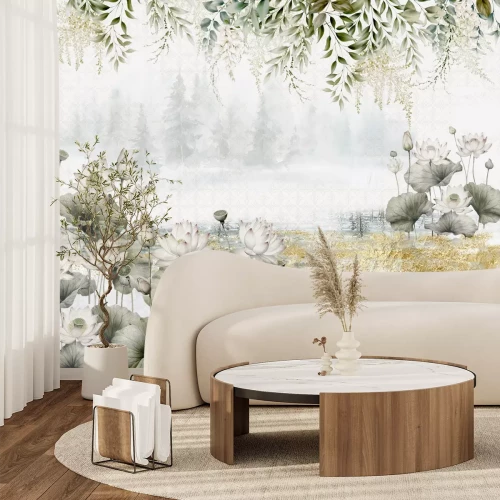 Fotobehang Muurschildering van waterlelies en groene bladeren in moderne stijl