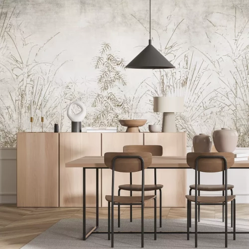 Fotobehang Tropische planten tegen een beige en grijze betonnen achtergrond