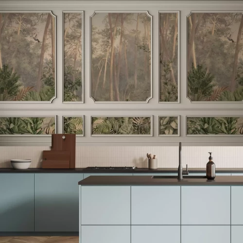 Fotobehang Tropische landschapsplanten in stucwerk