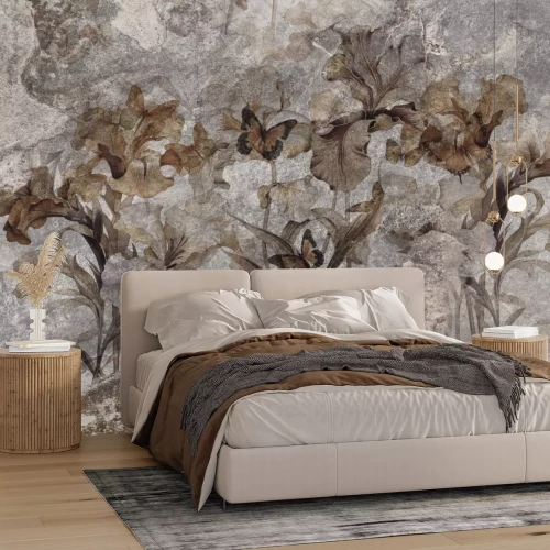 Fotobehang Vintage bloemen- en vlinderpatroon