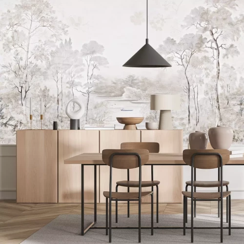 Fotobehang Landschap met bomen en een rivier in beige