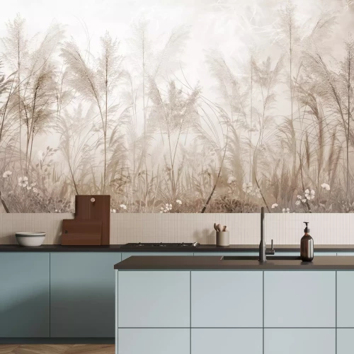 Fotobehang Mistige weide met wilde bloemen in beige tinten