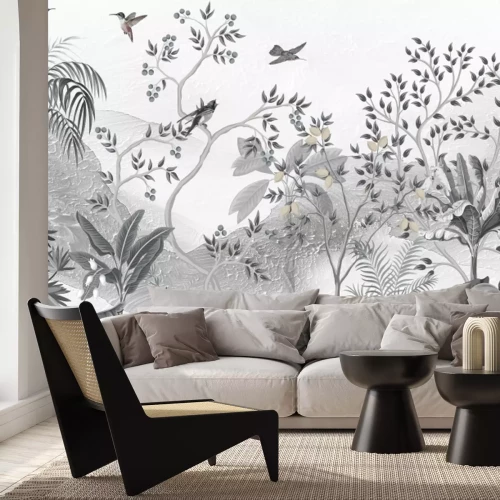 Fotobehang Landschap van bomen en vogels tegen de achtergrond van bergen, muurschildering