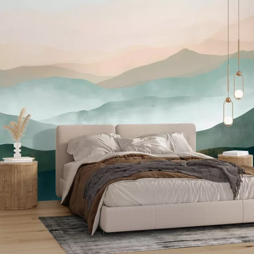 Fotobehang Minimalistisch berglandschap in groene en beige kleuren