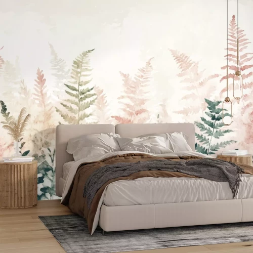 Fotobehang Roze en groene varenbladeren