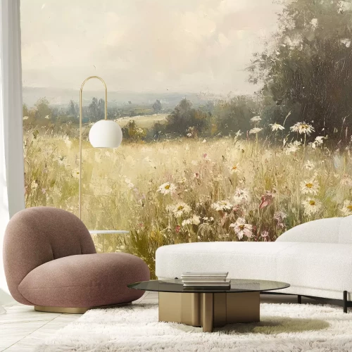 Fotobehang Beschilderde open plek met bloemen