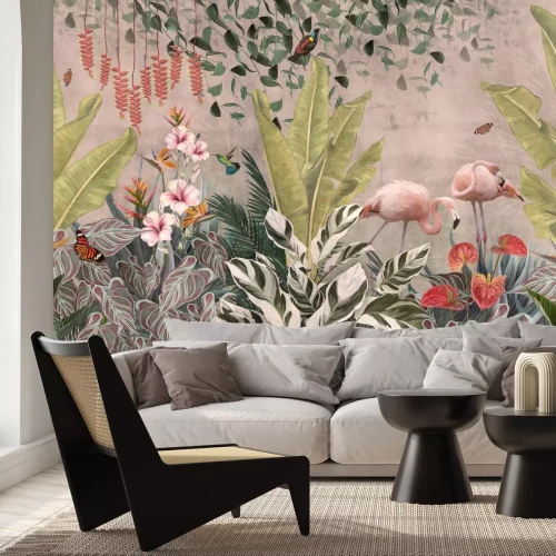 Fotobehang Flamingo&#39;s tussen bloemen in een exotische tuin