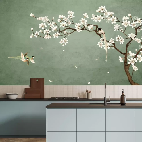 Fotobehang Kersenbloesems en vogels tegen een natuurlijke achtergrond