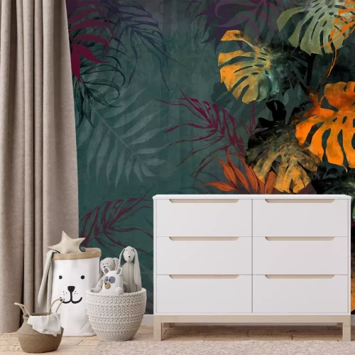 Fotobehang Kleurrijke monsterabladeren op een groene achtergrond