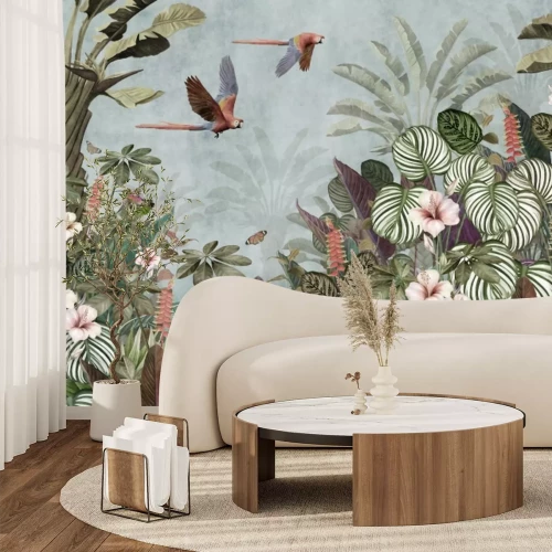 Fotobehang Tropische jungle met bloemen en vogels