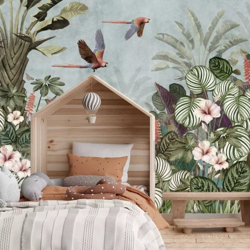 Fotobehang Tropische jungle met bloemen en vogels