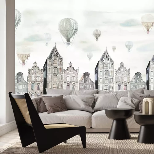 Fotobehang Een aquarelstad met ballonnen in de lucht