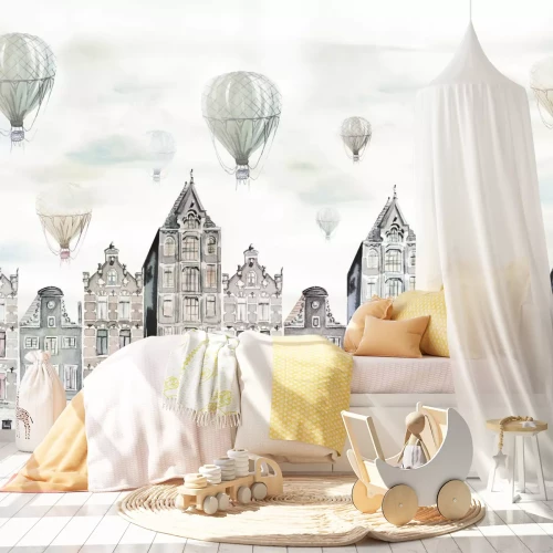 Fotobehang Een aquarelstad met ballonnen in de lucht