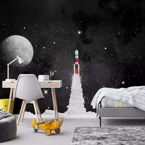 Fotobehang Een raket en de maan tegen de nachtelijke hemel