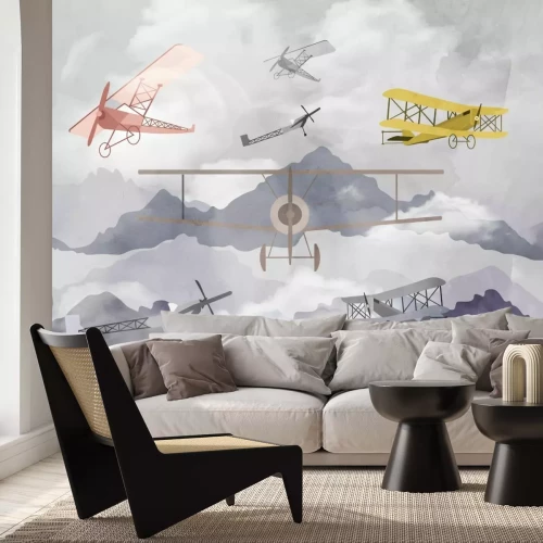 Fotobehang Vliegtuigen in een bergachtig aquarellandschap