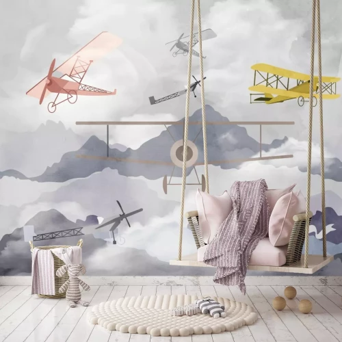 Fotobehang Vliegtuigen in een bergachtig aquarellandschap