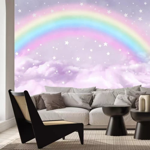 Fotobehang Een kleurrijke regenboog in de roze wolken
