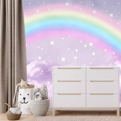 Fotobehang Een kleurrijke regenboog in de roze wolken