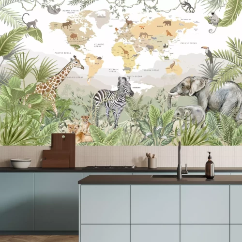Fotobehang Wereldkaart voor kinderen met dieren