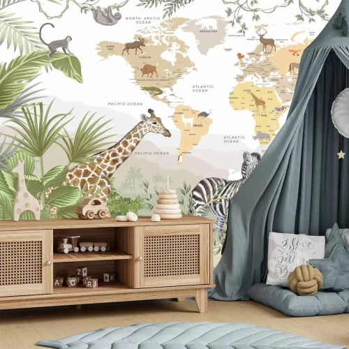 Fotobehang Wereldkaart voor kinderen met dieren