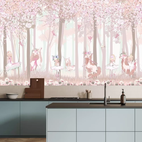 Fotobehang Een magisch bos met eenhoorns en feeën