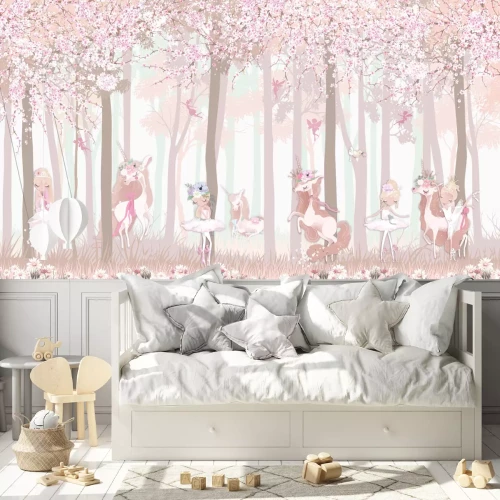 Fotobehang Een magisch bos met eenhoorns en feeën