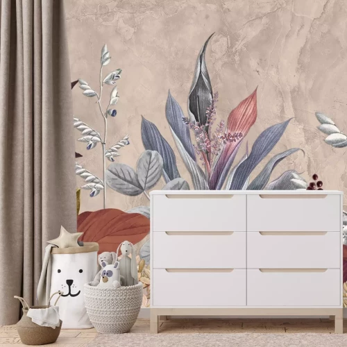 Fotobehang Kleurrijke tropische bladeren aan de muur