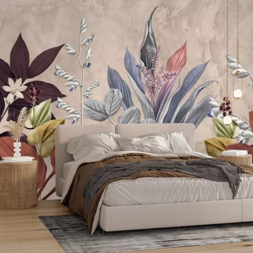 Fotobehang Kleurrijke tropische bladeren aan de muur