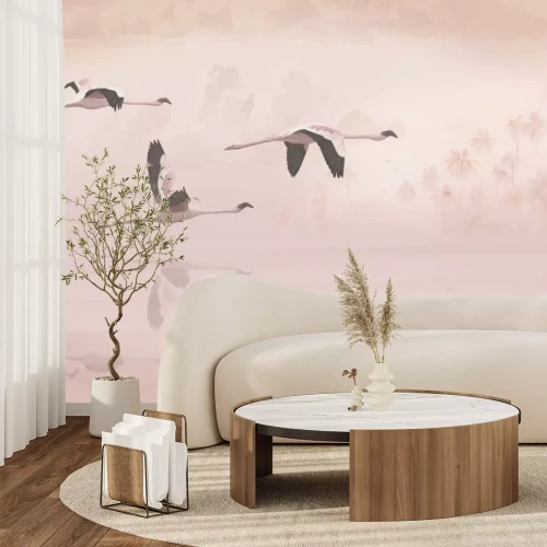 Fotobehang Vliegende vogels tegen de achtergrond van palmbomen en wolken