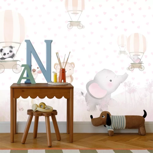 Fotobehang Olifant met giraffe in een weide tussen harten