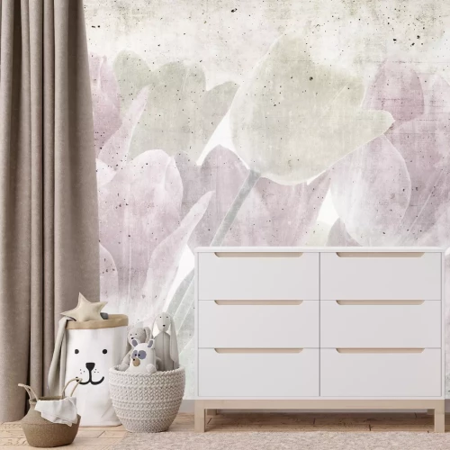 Fotobehang Een geschilderd boeket van delicate tulpen