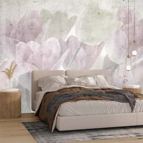 Fotobehang Een geschilderd boeket van delicate tulpen