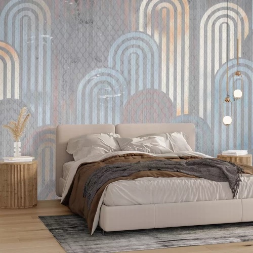 Fotobehang Blauwe en gouden bogen op een grijze achtergrond