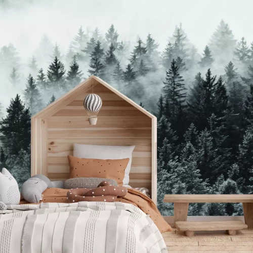 Fotobehang Naaldbos in dikke mist