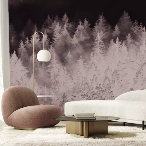 Fotobehang Naaldbos in dikke mist