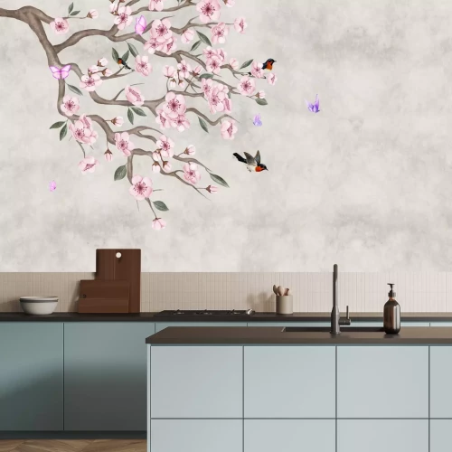 Fotobehang Roze kersenbloesems met vogels op beton