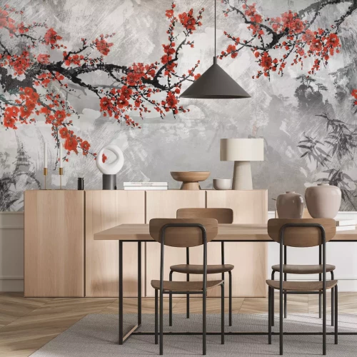 Fotobehang Japans kersenbloesempatroon op beton