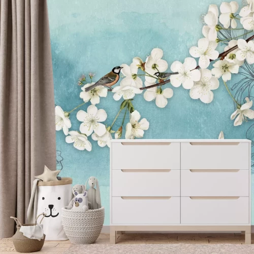 Fotobehang Een kersenboom met bloemen getekend op de achtergrond