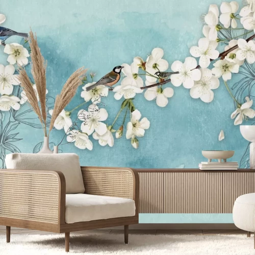 Fotobehang Een kersenboom met bloemen getekend op de achtergrond