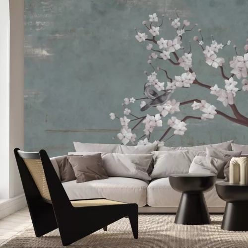 Fotobehang Geschilderde witte kersenbloesems met vogels op de muur