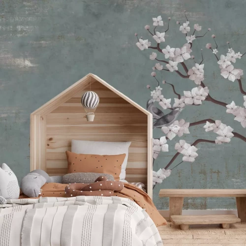 Fotobehang Geschilderde witte kersenbloesems met vogels op de muur