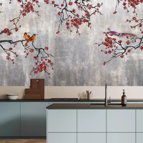 Fotobehang Rode bloemen met vogels op beton