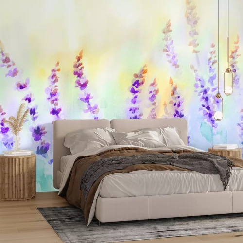 Fotobehang Aquarel weide met lavendelbloemen