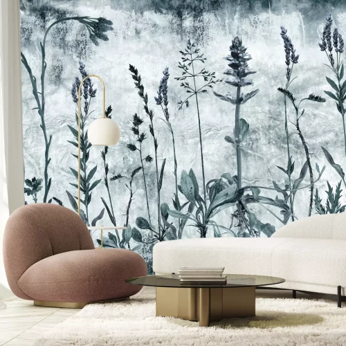 Fotobehang Zwart-witte wilde bloemen met lavendel